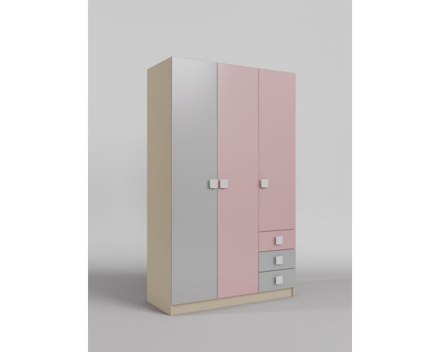 Шкаф 3-х створчатый с ящиками Грэйси (Розовый/Серый/корпус Клен)