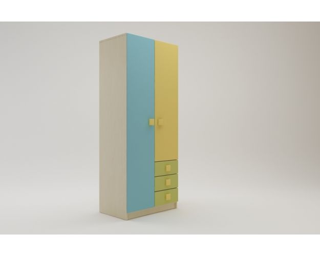 Шкаф 2-х створчатый с ящиками Смайли (Желтый/Голубой/Зеленый/корпус Клен) в Новосибирске