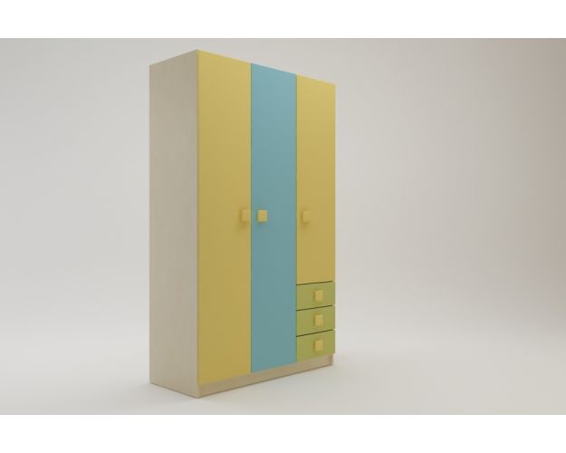 Шкаф 3-х створчатый с ящиками Смайли (Желтый/Голубой/Зеленый/корпус Клен) в Новосибирске