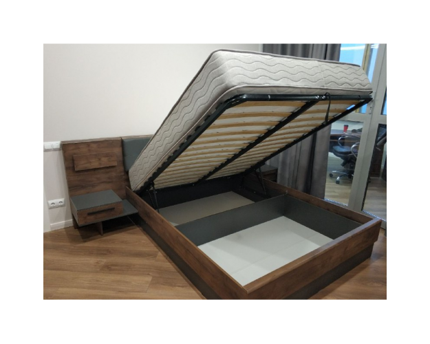 Кровать Глазго 1600 с бельевым ящиком и подъемным ортопедическим основанием Таксония/Пегас грей/Графит