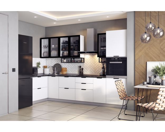 Кухонный гарнитур 5 Стоун (ширина 320х140 см) (белый/черный муар/джелато софттач)