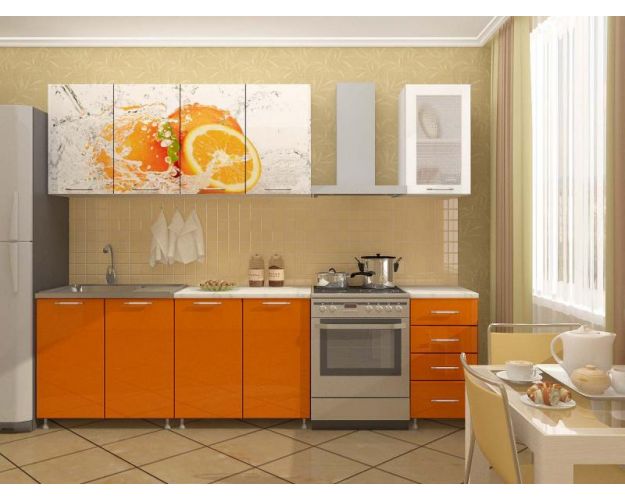 Кухонный гарнитур 1,8м Апельсин (Белый/Оранжевый металлик/Фотопечать апельсин)