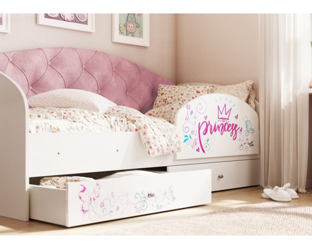 Кровать детская Эльза с бортиком Принцесса Белый/Розовый