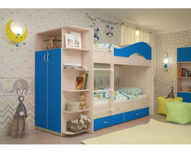 Кровать Мая двухъярусная с ящиками и шкафом Млечный дуб/Голубой