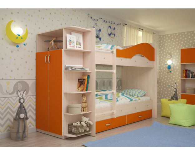 Кровать Мая двухъярусная с ящиками и шкафом Млечный дуб/Оранжевый