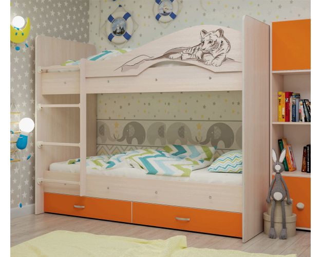 Кровать Мая-Сафари двухъярусная с ящикамиМлечный дуб/Оранжевый