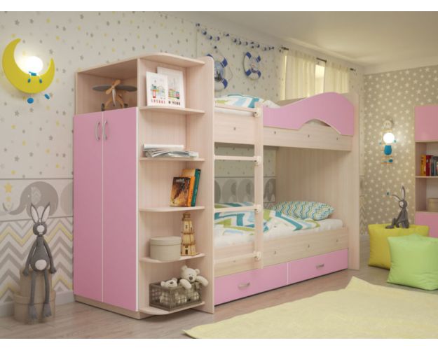 Кровать Мая двухъярусная с ящиками и шкафом Млечный дуб/Розовый