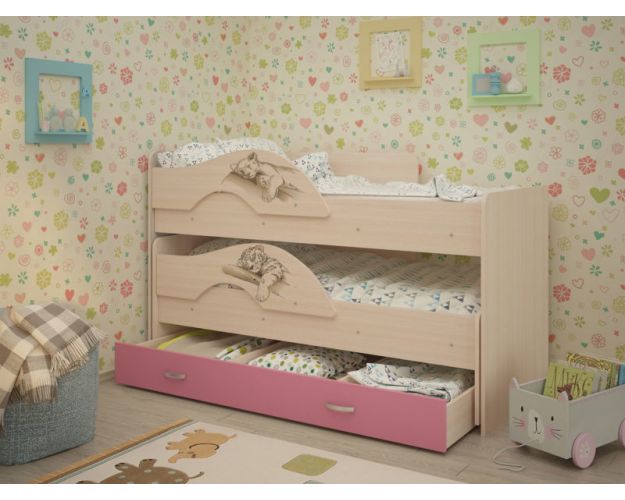 Кровать выкатная Радуга-Сафари детская 1600 Млечный дуб/Розовый