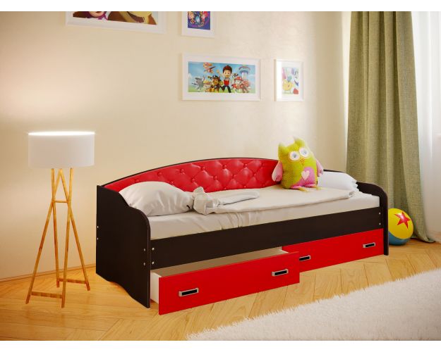 Кровать Софа-7 с мягкой спинкой (800х1900) Венге/Красный