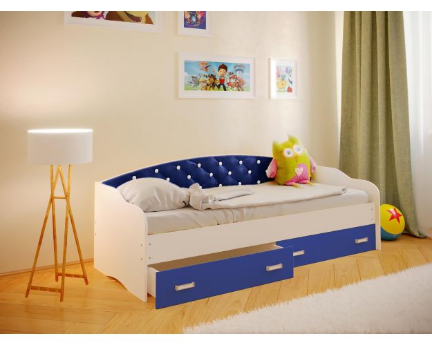 Кровать Софа-8 с мягкой спинкой со стразами (900х1900) Белый/Синий