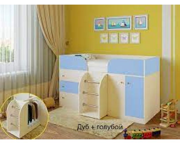 Кровать-чердак Малыш-4 Дуб молочный/Голубой