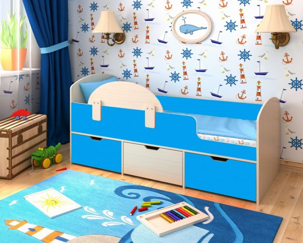 Кровать Малыш-мини с бортиком Дуб молочный/Голубой