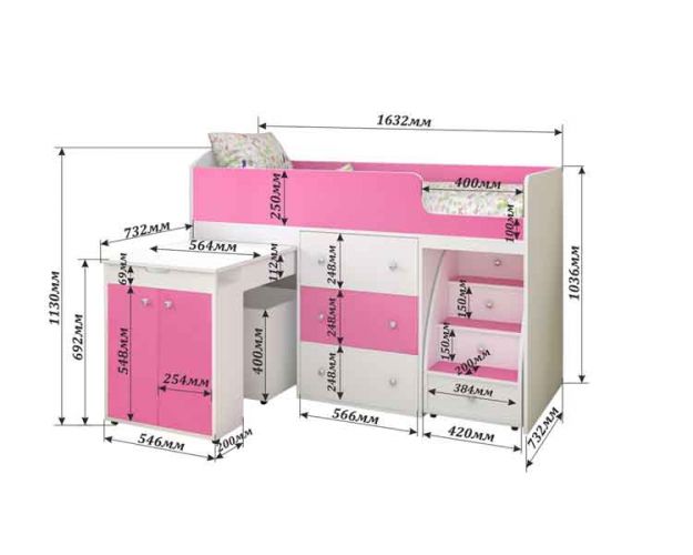 Кровать-чердак Малыш 1600 Венге/Розовый