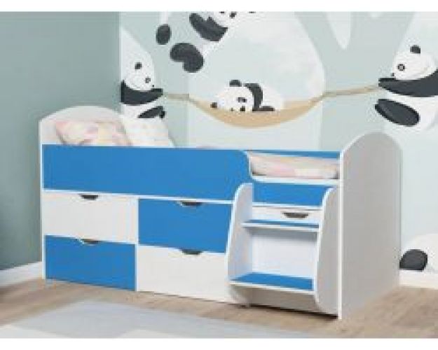 Кровать-чердак Малыш-7 Белое дерево/Голубой